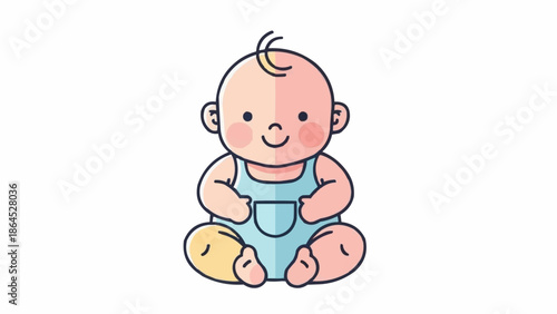 Cute cartoon baby sitting wearing blue overalls and smiling.
