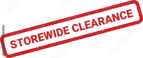 Textured red rubber stamp displaying the bold capital letters STOREWIDE CLEARANCE for retail promotions