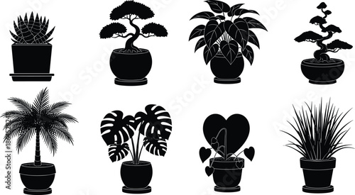 Black silhouette collection of indoor house plants, potted greenery icons including bonsai, monstera, palm, and succulents isolated on a white background vector.