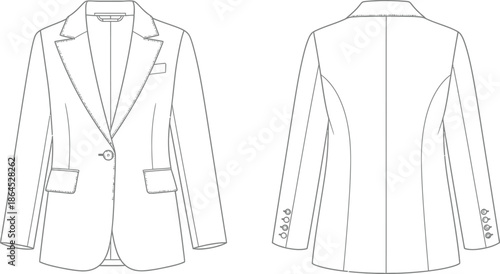 Technical illustration of a women s blazer showcasing front and back views in a clean style