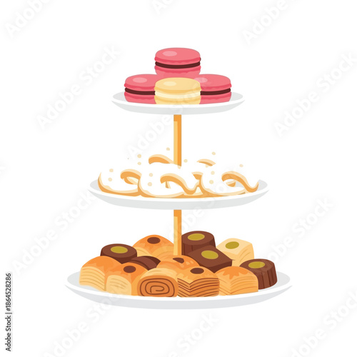Ramadan sweets vector illustration with assorted traditional desserts on tiered tray