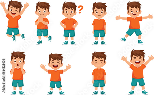 Set of young boy character poses showing different emotions including happy sad jumping surprised and questioning vector illustration