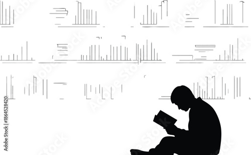 Black silhouette of a male student sitting and reading a book in front of library bookshelves, education and learning concept vector illustration, isolated.