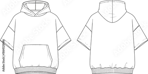 Technical fashion illustration of a short sleeve oversized hoodie with a kangaroo pocket design