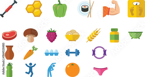 Healthy lifestyle flat icon set, fitness equipment, nutrition foods, hydration, weight control, exercise habits, wellness routine illustration, vector colorful design