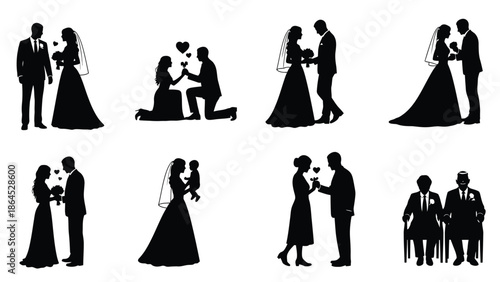 Collection of silhouette wedding couple and family moments