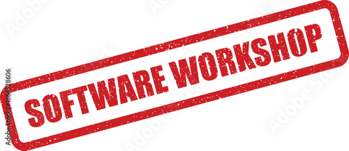 Textured rubber stamp announcing a software workshop event, suitable for educational programs and professional development training materials
