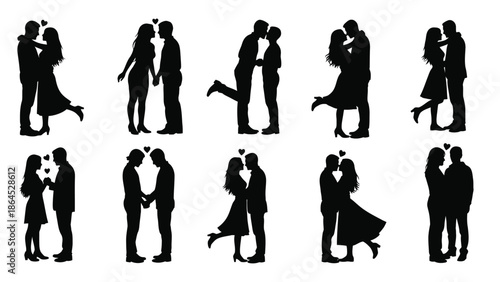 Couple silhouettes showing love and affection in various poses