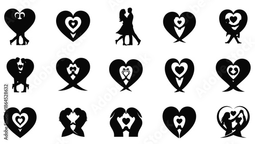 Collection of black silhouette of lover and heart shape icon