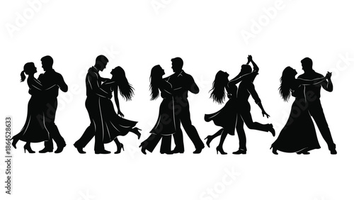 Couple dancing together in different poses silhouette