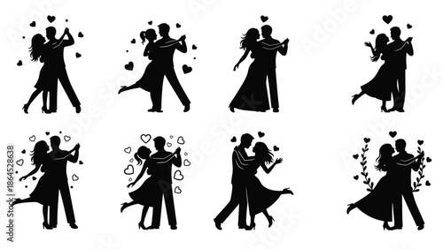 Couple dancing together silhouette set