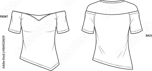 Technical flat sketch of a women s off the shoulder t shirt front and back views displayed
