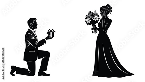 Man proposing to woman with ring and flowers