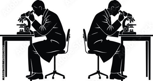Black silhouette vector illustration of male scientists sitting and working with microscopes in a laboratory, medical research and scientific discovery concept, isolated.