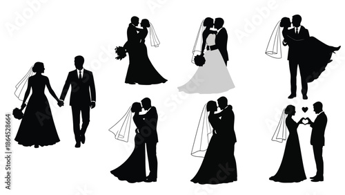 Collection of silhouette wedding couple in various poses