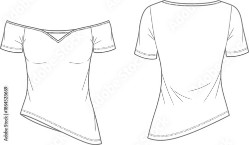 Technical illustration of a women s off the shoulder t shirt design with front and back views displayed