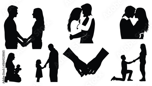 Collection of silhouette of couples and family members holding hands
