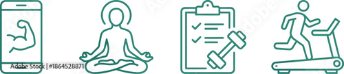 Fitness and wellness app icon set, meditation, workout tracking, training plan, exercise routine, healthy lifestyle illustration, modern line design vector