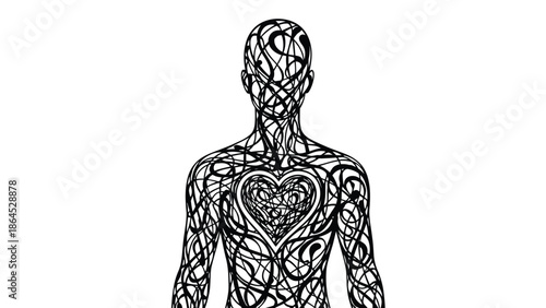 Intricate line art human figure with heart center