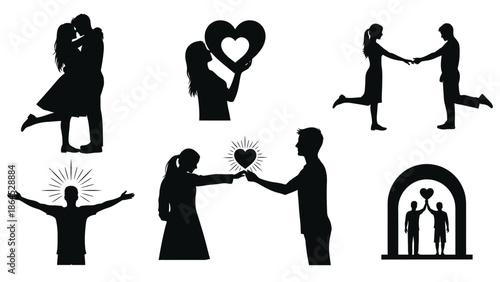 Collection of silhouette of lovers doing romantic gestures