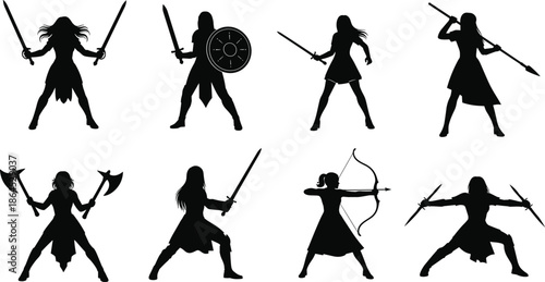 Black silhouette vector illustration set of female warriors and amazon fighters, diverse fantasy 