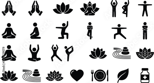Yoga wellness glyph icon set, meditation poses, lotus symbols, healthy lifestyle, mindfulness, fitness activity, holistic care illustration