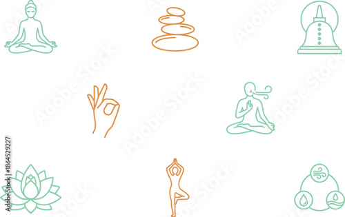 Yoga meditation icon set, mindfulness breathing, zen symbols, lotus, balance pose, holistic wellness, spiritual relaxation illustration