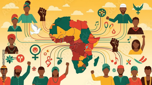Vibrant illustration of diverse african people celebrating unity and cultural diversity with raised fists, colorful symbols, and a map of africa on a sunny background