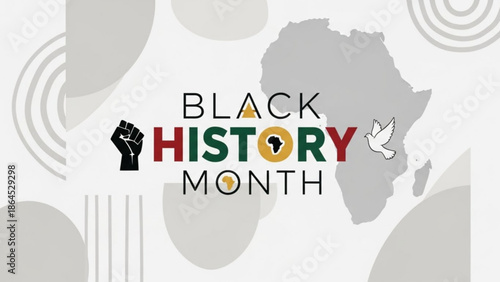 Black history month celebration with raised fist, dove, and african continent on gray background with abstract shapes with diversity and inclusion