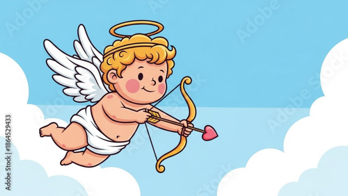 Cartoon cherub flying on clouds with bow and heart arrow, symbolizing love and affection in a whimsical illustration with cupid and valentine