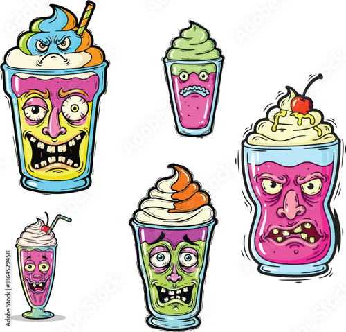 Set of cartoon characters representing funny, spooky, and strange milkshakes and smoothies with expressive faces