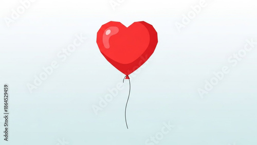 A bright red heart shaped helium balloon floating alone on a soft gradient blue background with love and valentine and romance and romantic and symbol