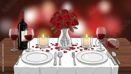A romantic dinner setup for two with red roses, wine, and candlelight on a wooden table with a white tablecloth, elegant plates, and silverware, perfect for valentine's