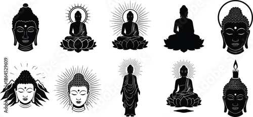 Set of Buddha silhouette vector icons with lotus flower and enlightenment rays, spiritual religious symbols for meditation, yoga, zen, and peaceful oriental philosophy.