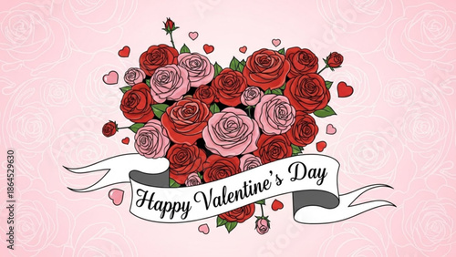Beautiful bouquet of red and pink roses with hearts and happy valentine's day banner on pink background for love and romance with valentine s day