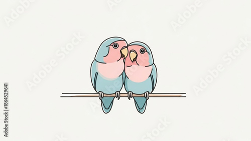 Two pastel blue and pink birds sitting on a branch looking at each other in a cute and affectionate manner on white background with parrots and love