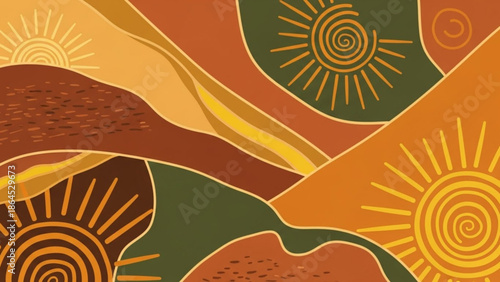 Vibrant abstract sun design with swirling rays on colorful background, warm orange and green hues, artistic pattern with radiant sunburst motifs