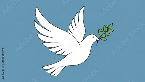 A white dove flying with olive branch in beak on blue background symbolizing peace and harmony with hope and freedom and love and serenity and flying dove