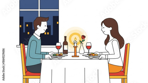 A romantic dinner for two at a cozy restaurant with a city view at night with wine and a candle with couple and date and love and dinner date