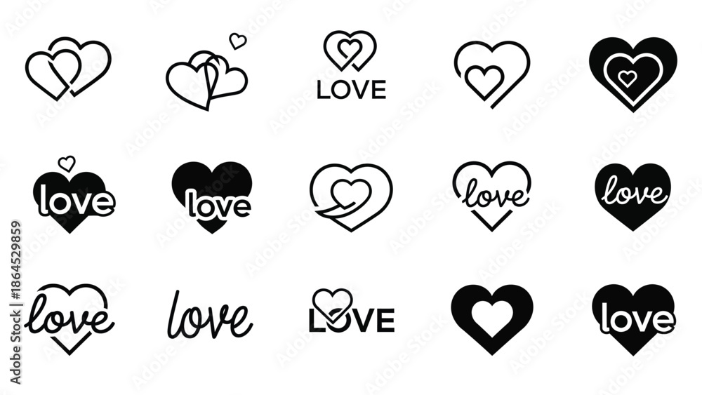 Fototapeta premium Collection of black and white heart love icon set