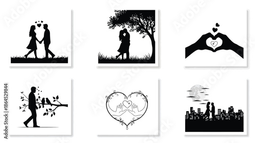 Romantic couple silhouettes in various scenes