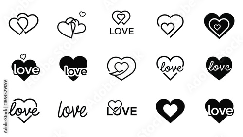 Collection of black and white heart love icon set