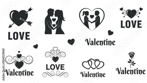 Valentine day heart and couple silhouette design element