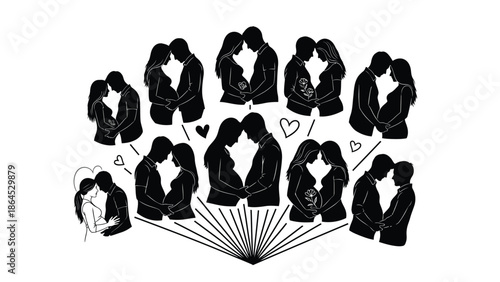 Couple silhouettes forming a heart shape with love icons