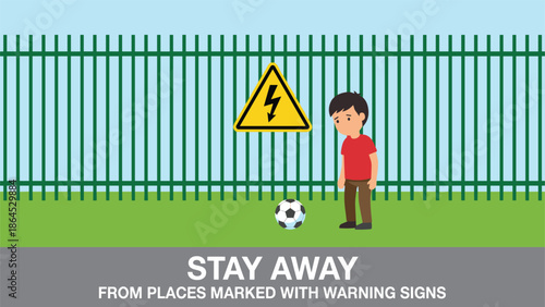Child standing near danger warning fence with electric hazard sign, promoting safety awareness, outdoor caution messages, preventing accidents around restricted high-voltage areas