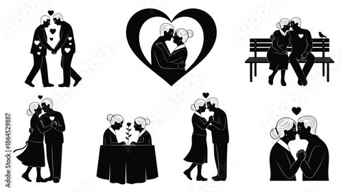 Romantic couple silhouettes in various loving poses