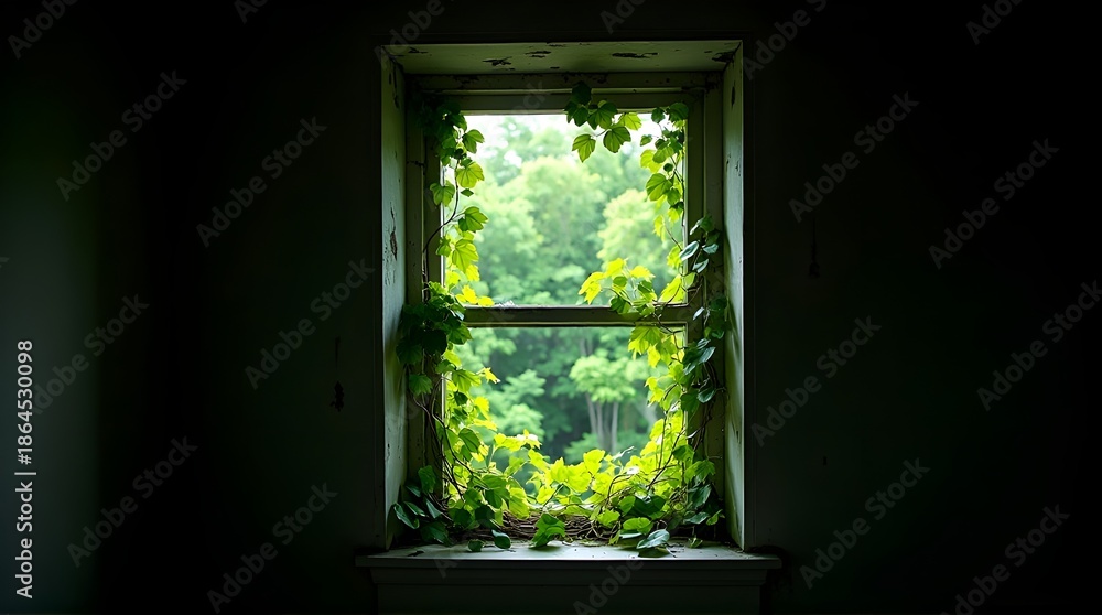 Fototapeta premium Vibrant green plants thrive in a dimly lit room through a window