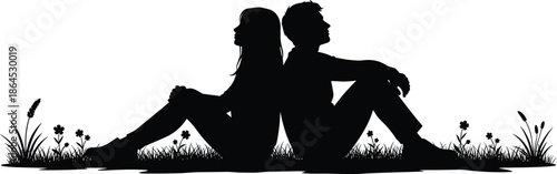 Silhouette of a young couple sitting back to back on grass field with flowers, romantic outdoor date, peaceful nature evening, love and togetherness,