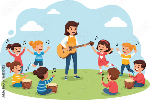 Children music activity, outdoor fun, guitar playing woman, kids dancing, preschool music class, joyful learning, musical instruments, grassy field, blue sky, happy children, rhythm, teamwork