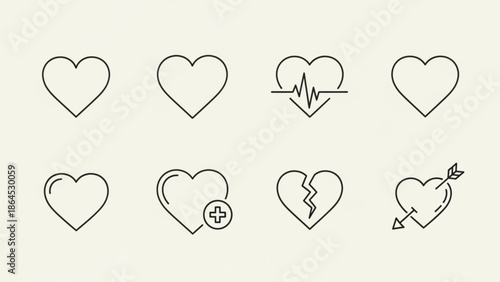 Collection of various heart icons in line art style, including healthy, medical, broken, and romantic symbols for love and health concepts with valentine